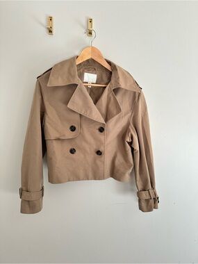 H&M Cropped Double-Breasted Trench Coat in Taupe